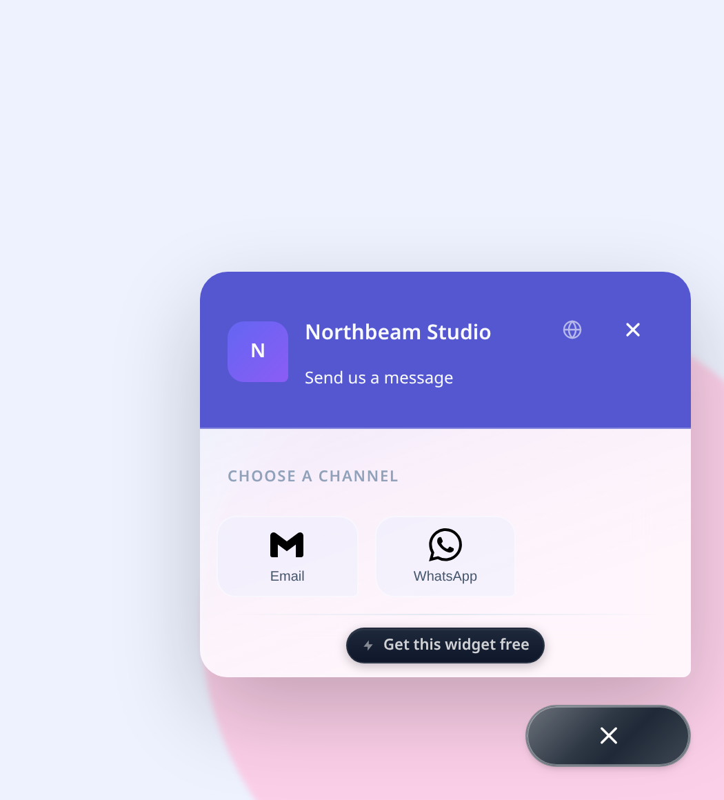 Chat widget styled for a tech studio: frosted glass window and pill launcher over a colorful page.