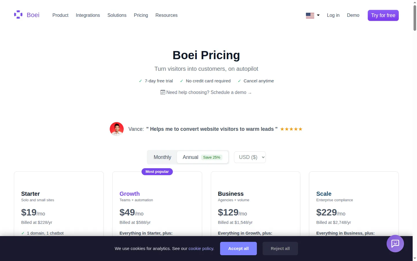 Boei pricing page captured 2026-05-16 showing the free plan and paid tiers for the multi-channel contact button