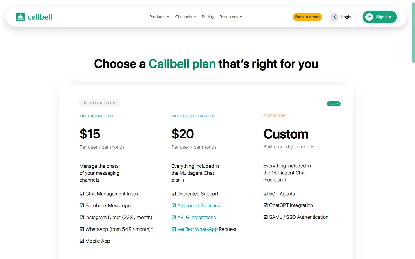 Callbell pricing page captured 2026-05-16 showing the Multi-agent (€15/user/mo) and BSP/API plans for shared-inbox WhatsApp messaging
