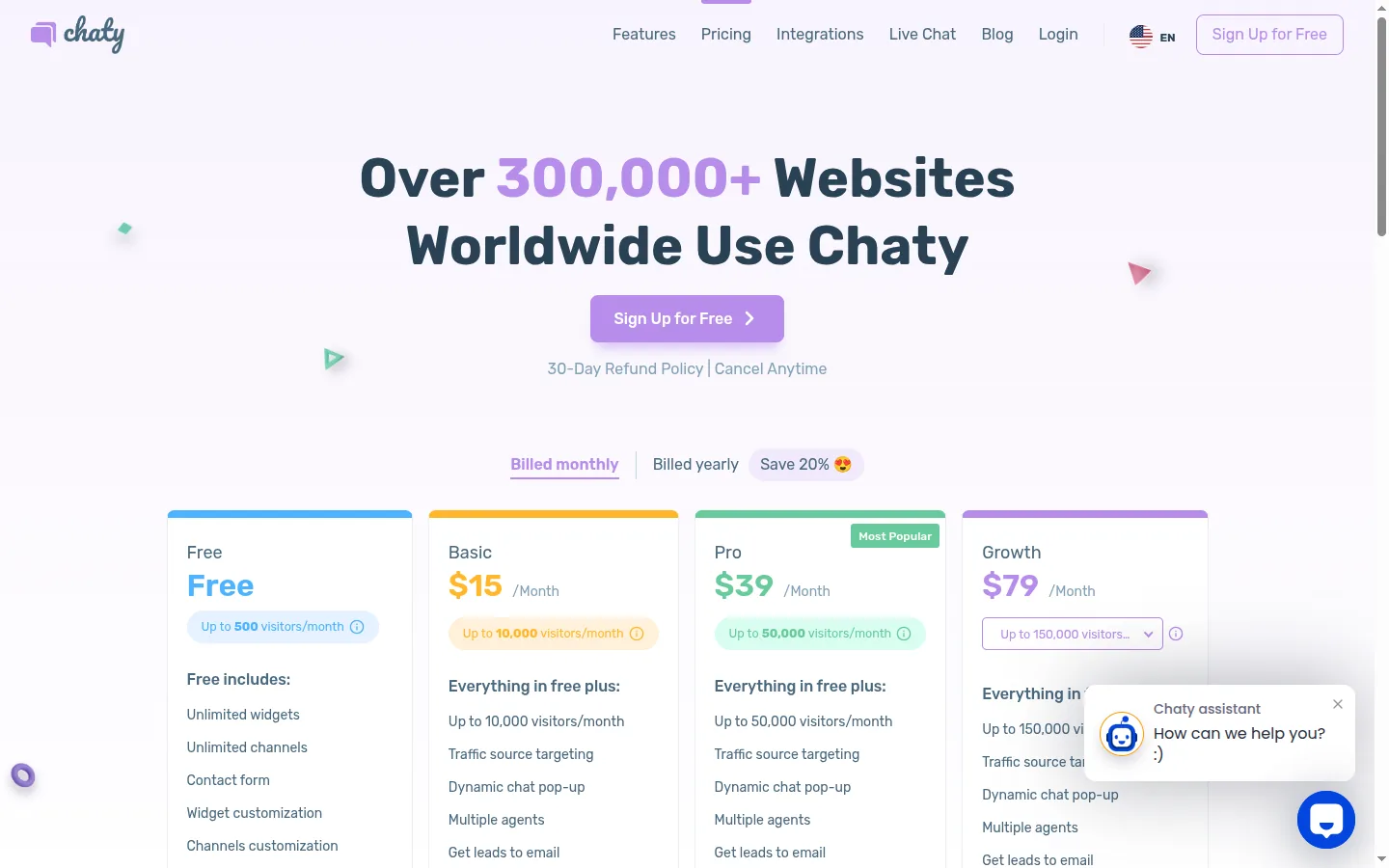 Chaty pricing page captured 2026-05-16 showing Free, Basic ($15/mo), Pro ($39/mo), and Growth tiers with a 500-visitors/month limit on the free plan