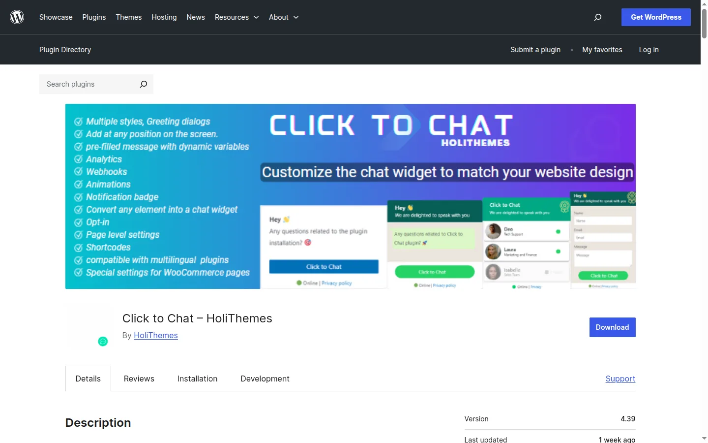 Click to Chat for WhatsApp WordPress plugin page captured 2026-05-16 showing it as a free plugin with active installs and ratings on wordpress.org