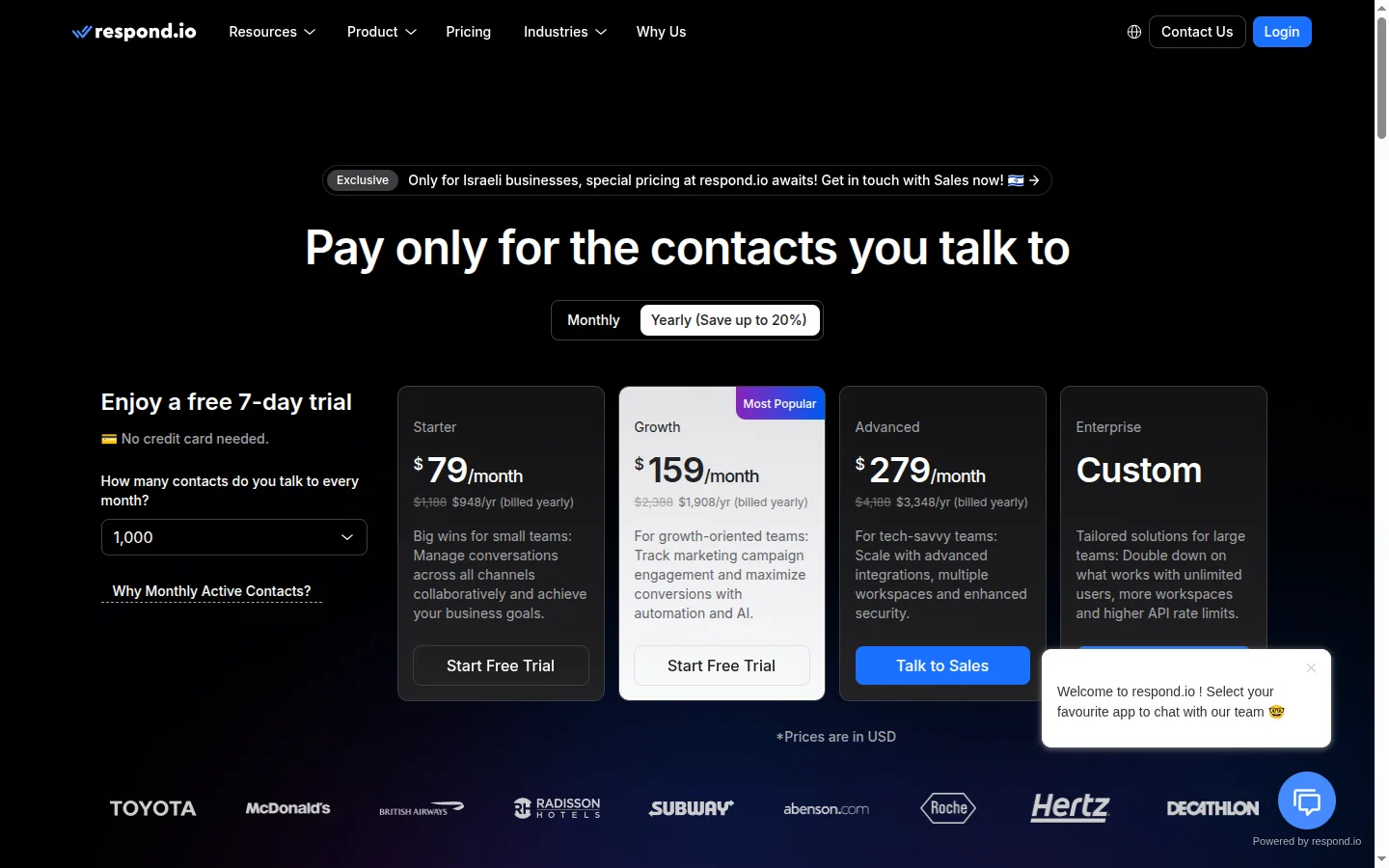 Respond.io pricing page captured 2026-05-16 showing the Starter, Growth, Advanced, and Enterprise plans for the multi-channel customer conversation platform