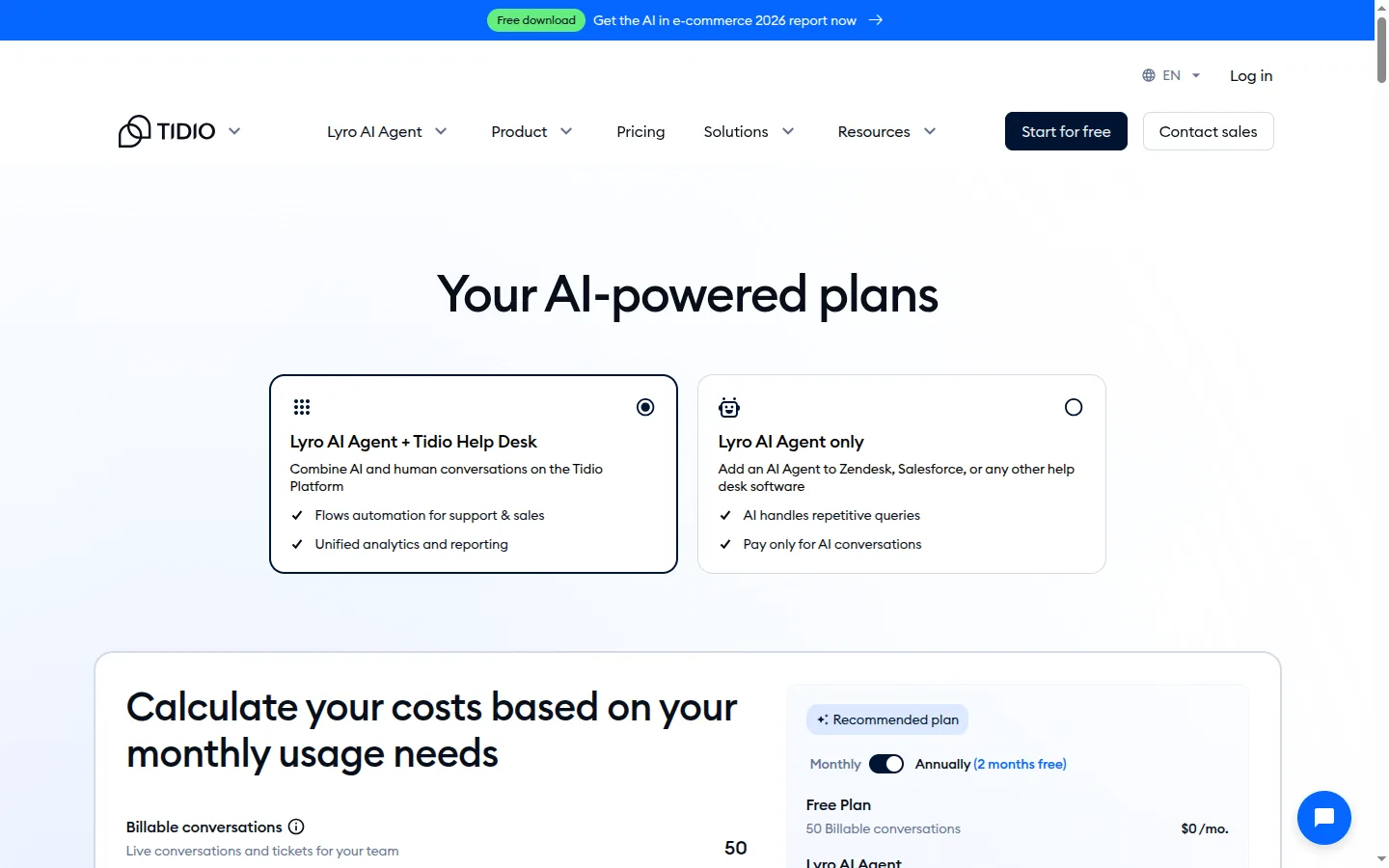 Tidio pricing page captured 2026-05-16 showing the Free, Starter, Growth, and Plus plans with conversation-based limits