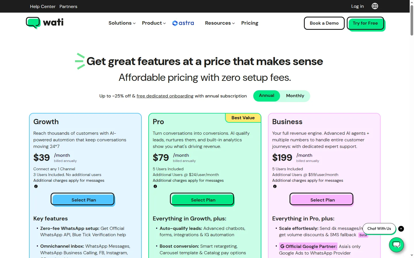 WATI pricing page captured 2026-05-16 showing the Growth, Pro, and Business plans for the WhatsApp Business API platform with per-conversation fees